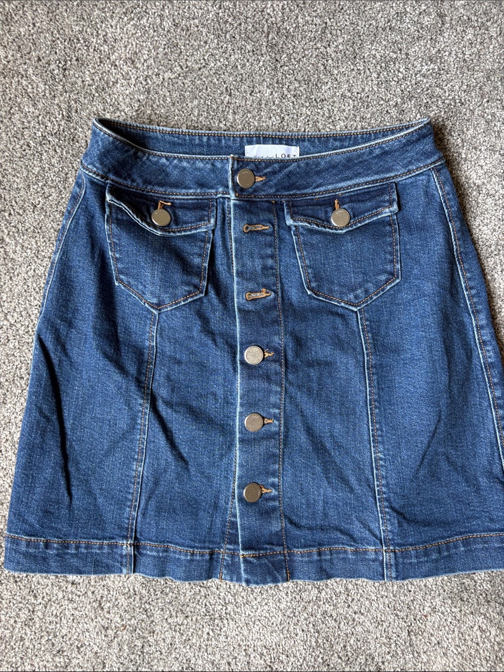LOFT Dark Blue Denim Button-Front Mini Skirt